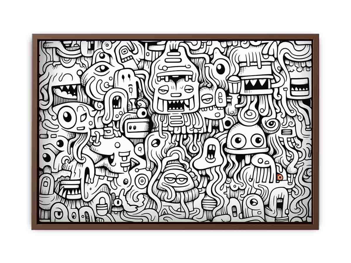 Black and white monster doodle canvas art for kids room, office, or creative studio decor.