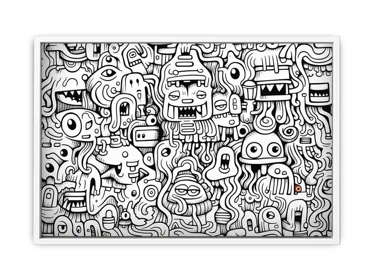 Black and white monster doodle canvas art for kids room, office, or creative studio decor.