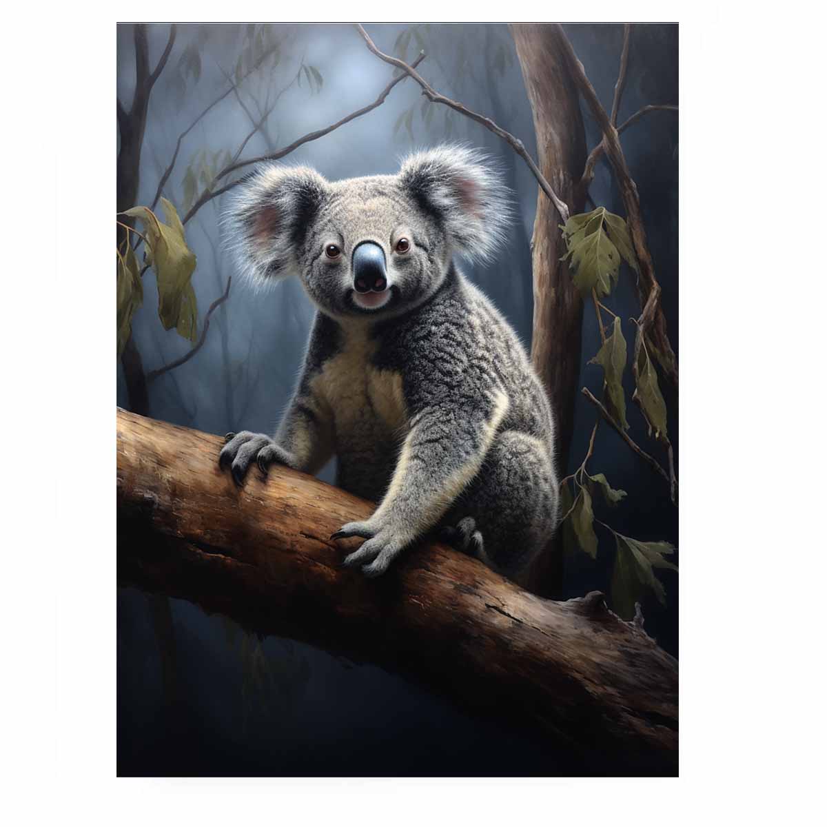 Realistic koala canvas art on eucalyptus branch for nursery or living room decor.