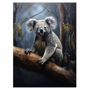 Realistic koala canvas art on eucalyptus branch for nursery or living room decor.
