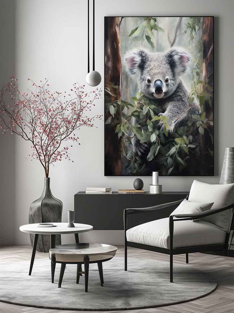 Soft koala canvas art with eucalyptus leaves for nursery, bedroom, or calming home decor.