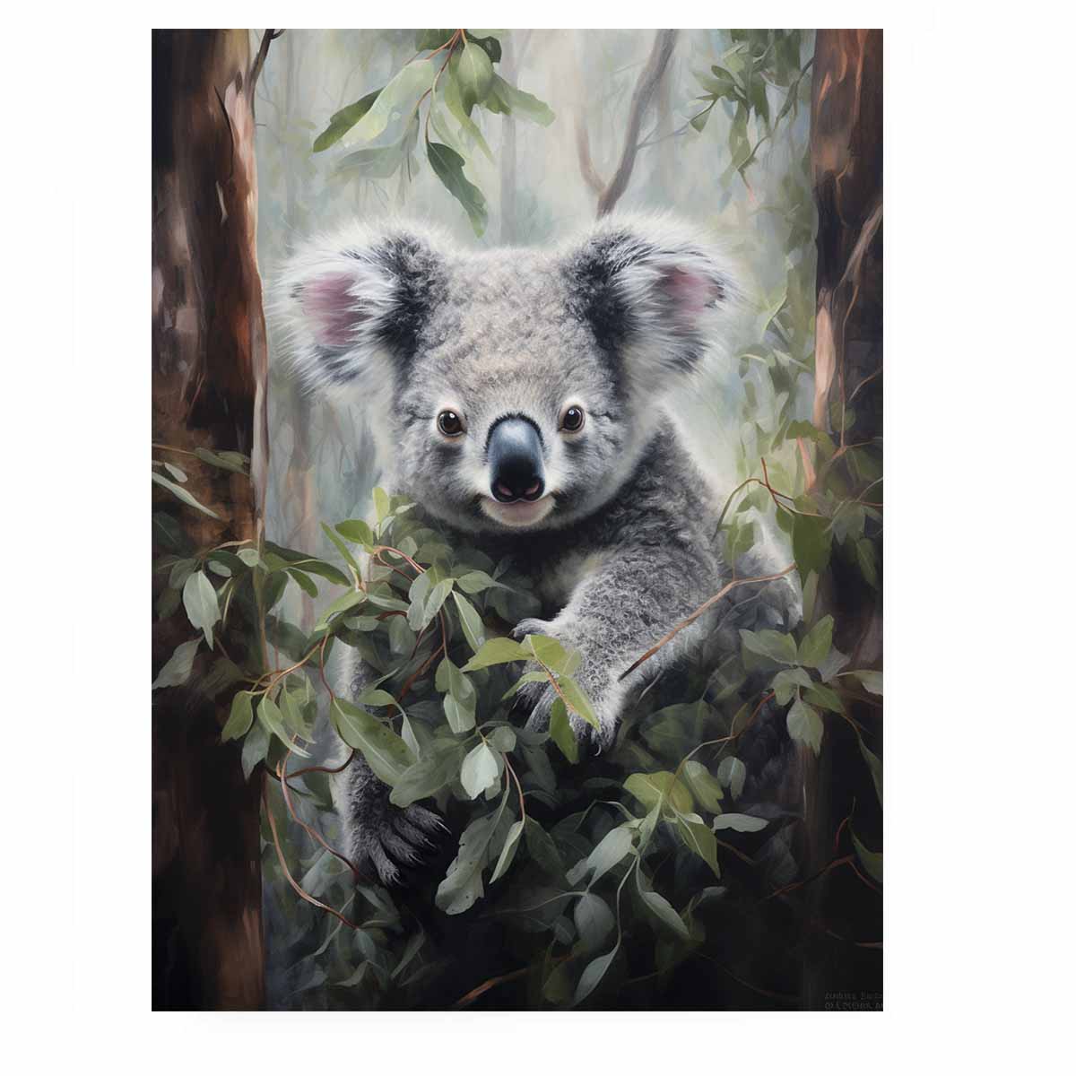 Soft koala canvas art with eucalyptus leaves for nursery, bedroom, or calming home decor.