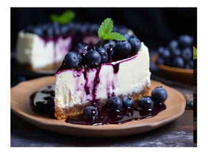 Blueberry cheesecake canvas art with dessert styling for kitchen or dining room decor.