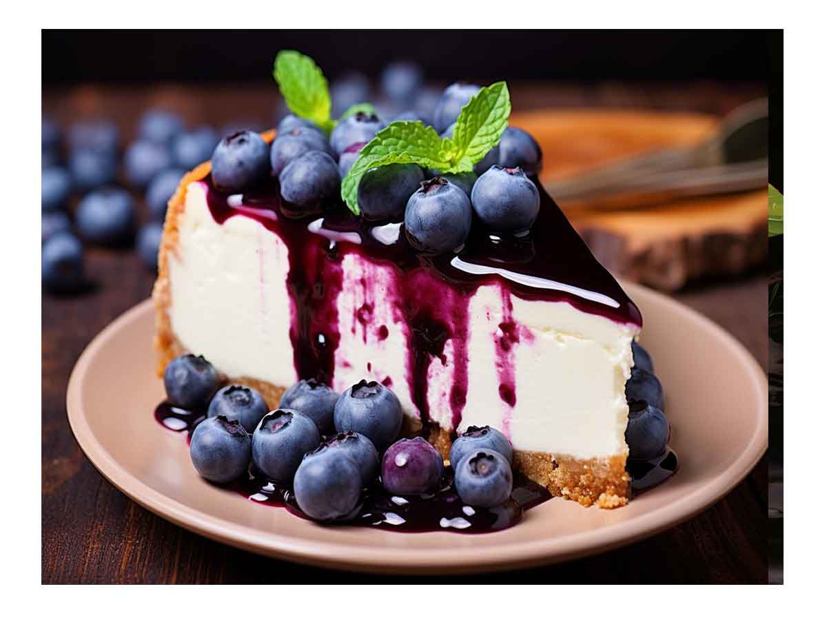 Close-up blueberry cheesecake wall art for kitchen, café, or dining room decor.