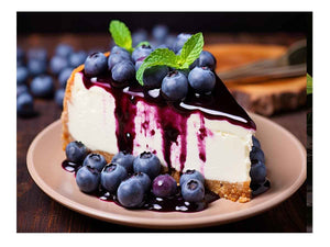 Close-up blueberry cheesecake wall art for kitchen, café, or dining room decor.