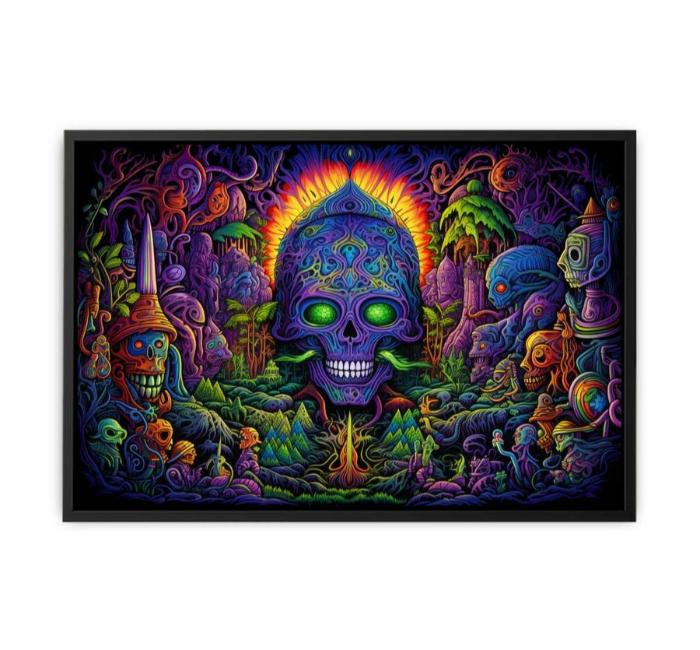 Psychedelic neon skull canvas art with surreal jungle details for bold modern decor.