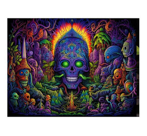 Psychedelic neon skull canvas art with surreal jungle details for bold modern decor.
