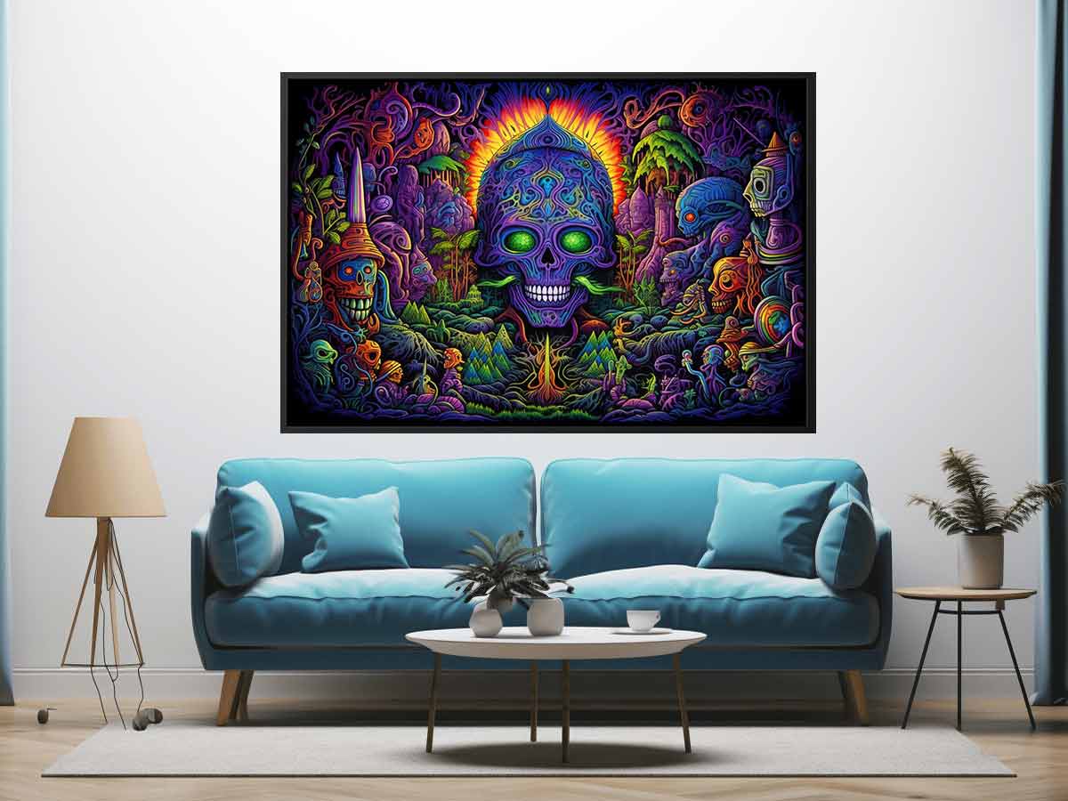 Psychedelic neon skull canvas art with surreal jungle details for bold modern decor.