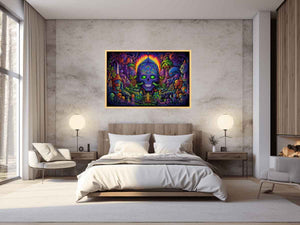 Psychedelic neon skull canvas art with surreal jungle details for bold modern decor.