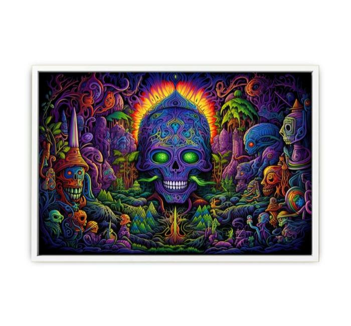 Psychedelic neon skull canvas art with surreal jungle details for bold modern decor.