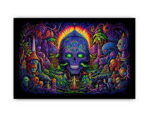 Psychedelic neon skull canvas art with surreal jungle details for bold modern decor.