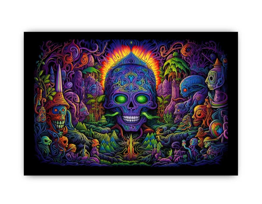 Psychedelic neon skull canvas art with surreal jungle details for bold modern decor.