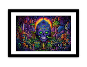 Psychedelic neon skull canvas art with surreal jungle details for bold modern decor.