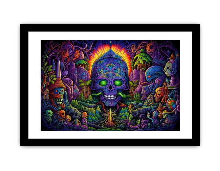 Psychedelic neon skull canvas art with surreal jungle details for bold modern decor.