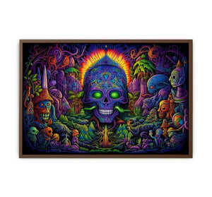Psychedelic neon skull canvas art with surreal jungle details for bold modern decor.