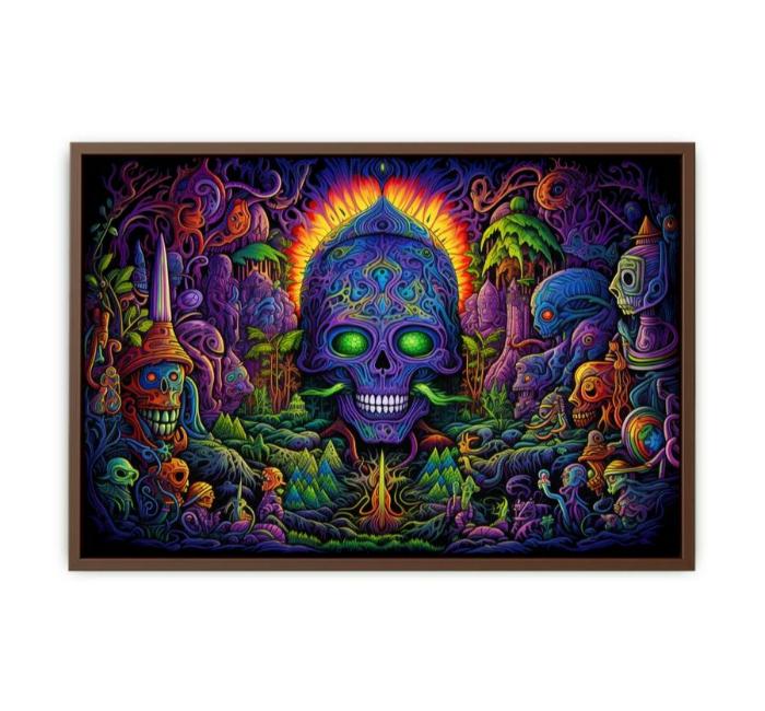 Psychedelic neon skull canvas art with surreal jungle details for bold modern decor.