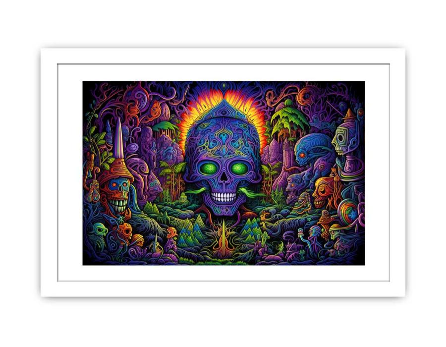 Psychedelic neon skull canvas art with surreal jungle details for bold modern decor.