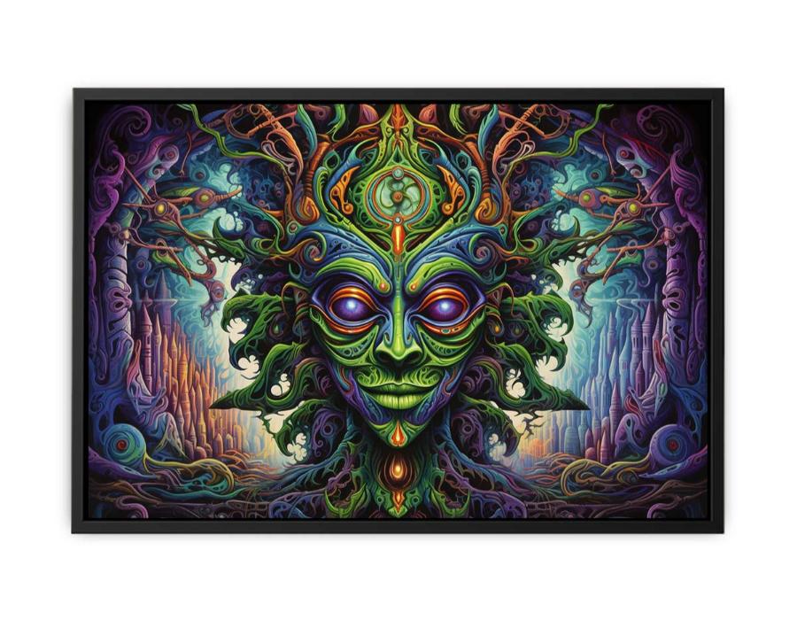 Surreal green fantasy mask canvas art for eclectic living room decor.