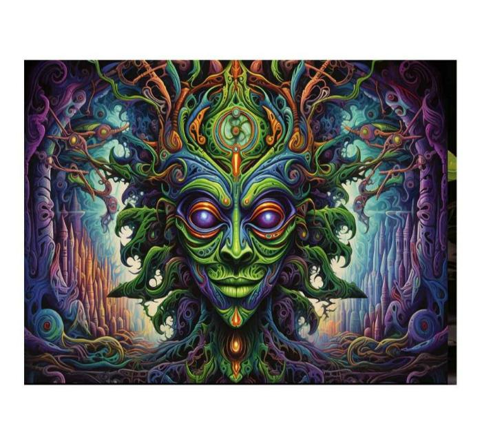 Surreal green fantasy mask canvas art for eclectic living room decor.