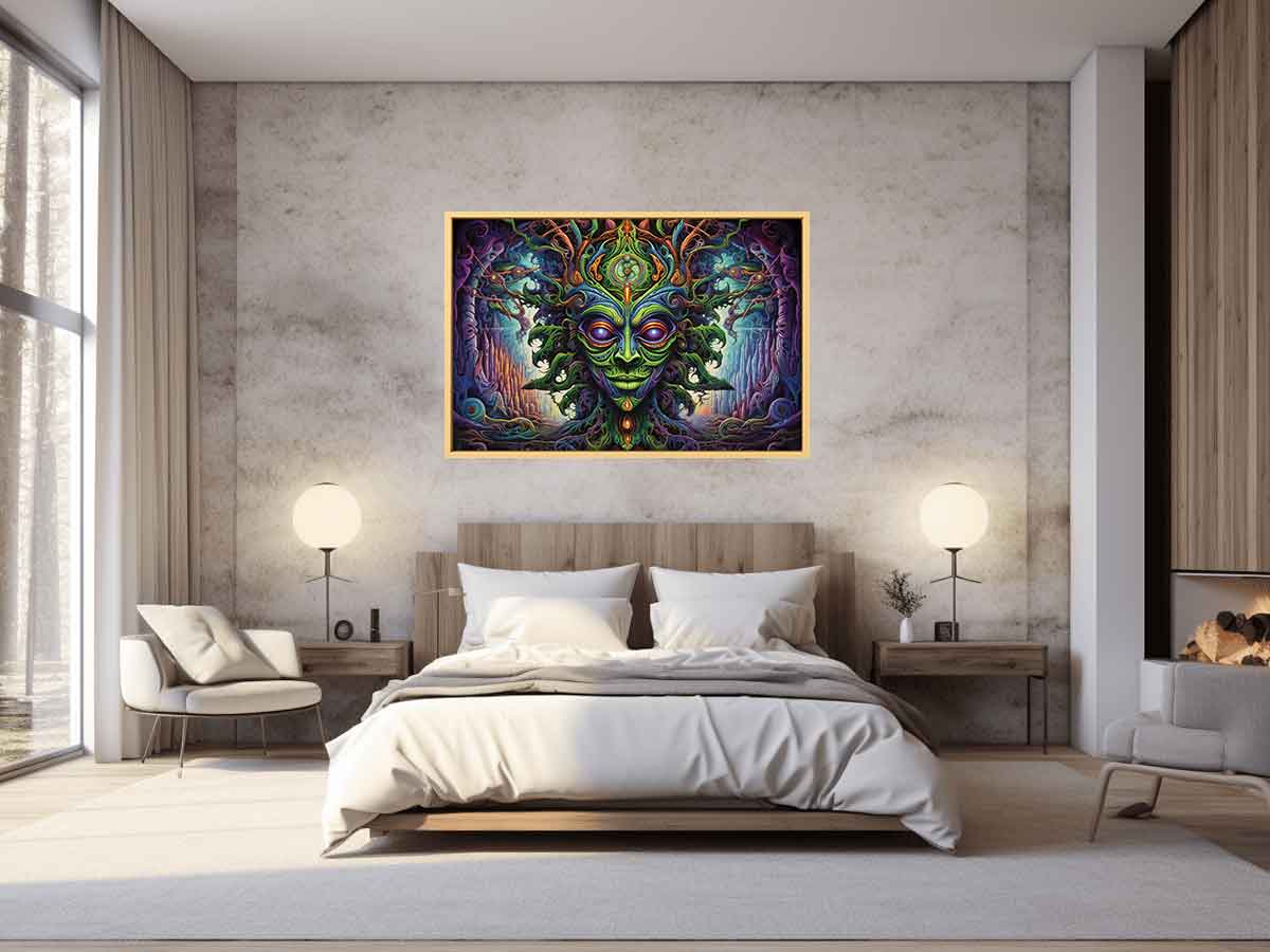Surreal green fantasy mask canvas art for eclectic living room decor.