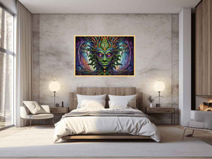 Surreal green fantasy mask canvas art for eclectic living room decor.