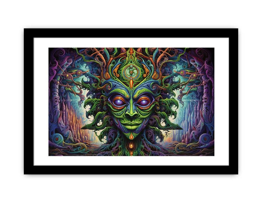 Surreal green fantasy mask canvas art for eclectic living room decor.