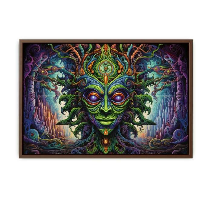 Surreal green fantasy mask canvas art for eclectic living room decor.