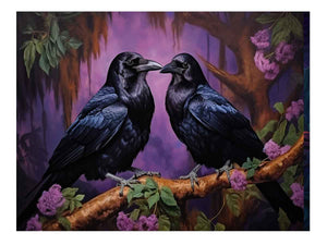 Two black ravens on a branch with purple flowers for moody room decor.