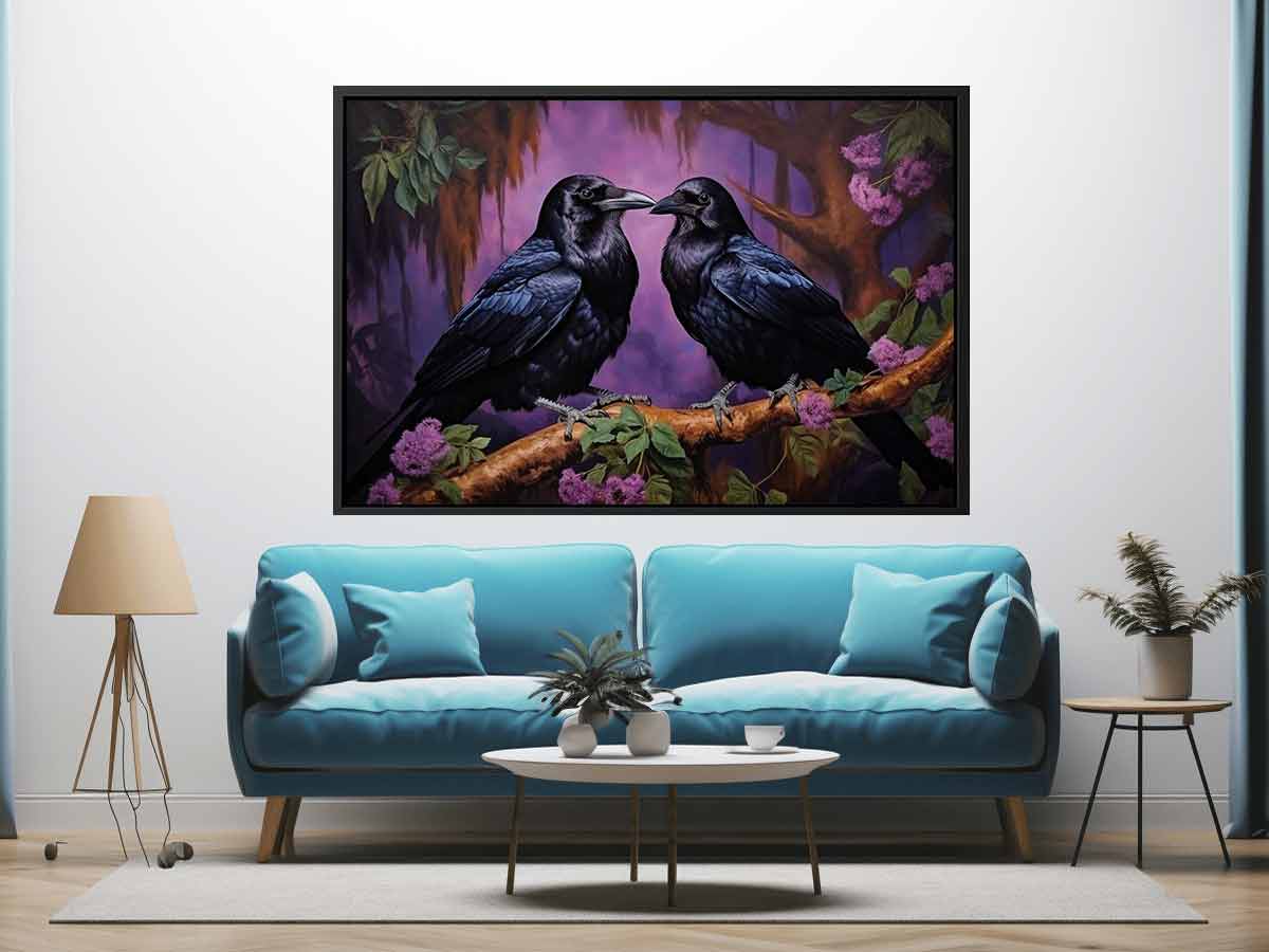 Two black ravens on a branch with purple flowers for moody room decor.
