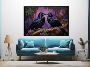 Two black ravens on a branch with purple flowers for moody room decor.