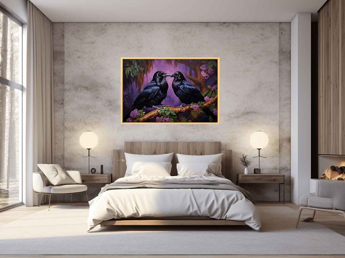 Two black ravens on a branch with purple flowers for moody room decor.