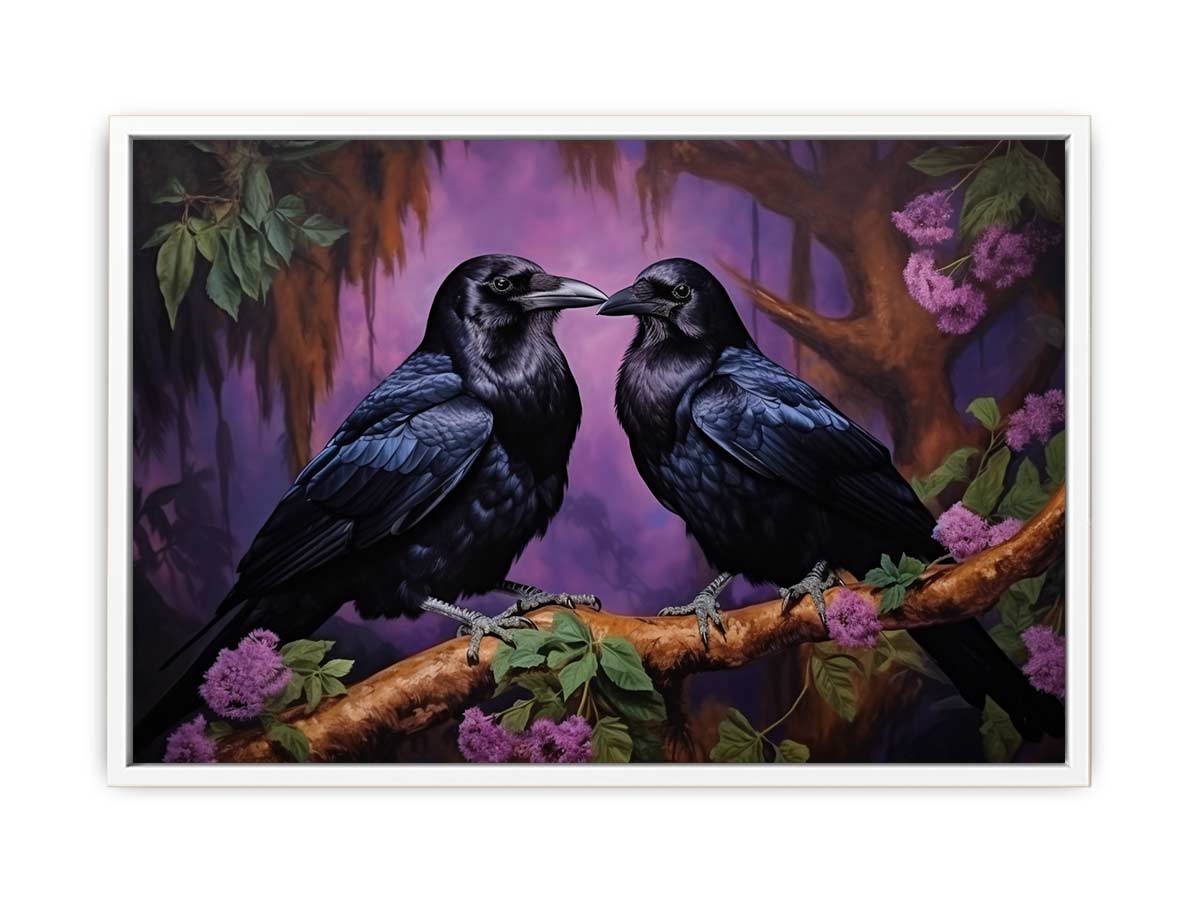 Two black ravens on a branch with purple flowers for moody room decor.