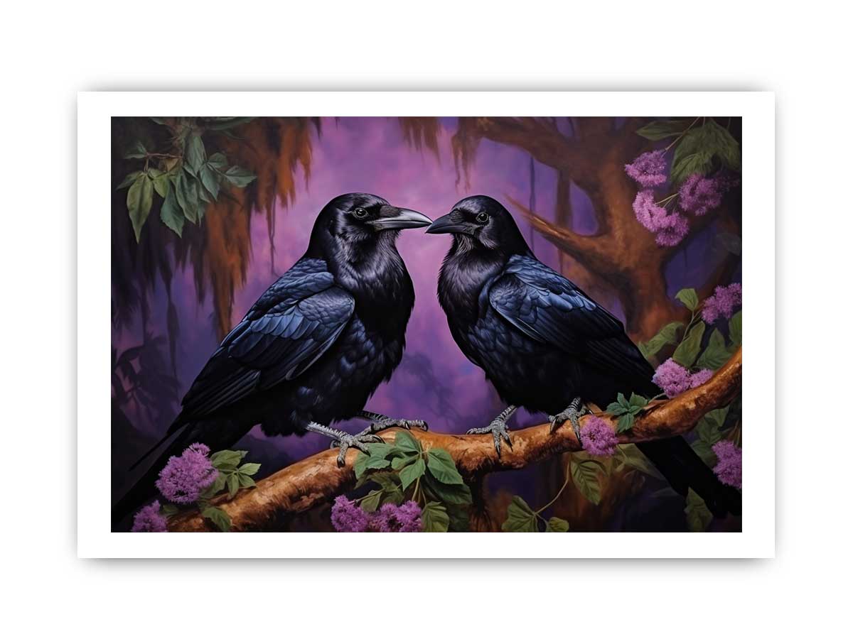 Two black ravens on a branch with purple flowers for moody room decor.