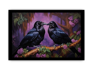 Two black ravens on a branch with purple flowers for moody room decor.