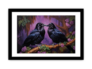 Two black ravens on a branch with purple flowers for moody room decor.