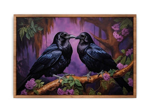 Two black ravens on a branch with purple flowers for moody room decor.