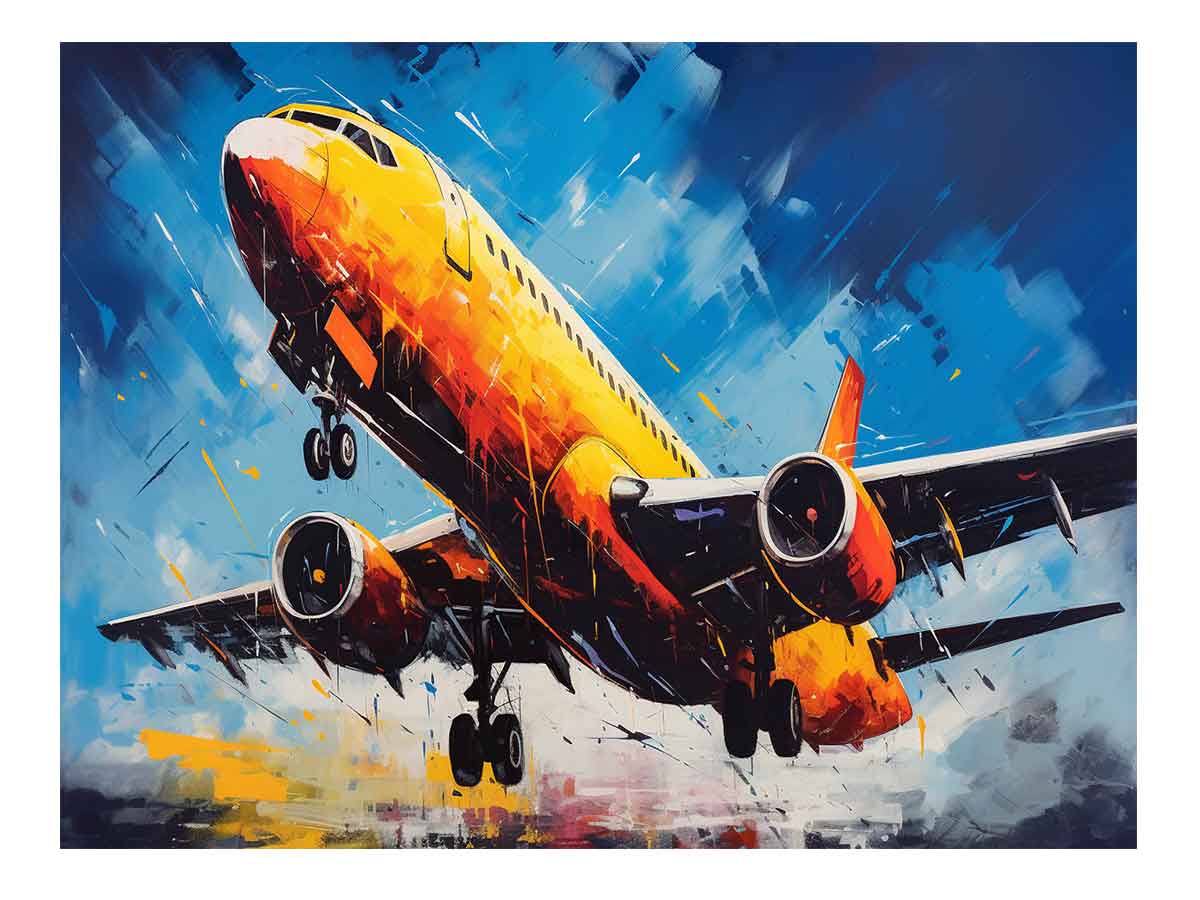 Bold yellow airplane canvas art for modern office or aviation room decor.