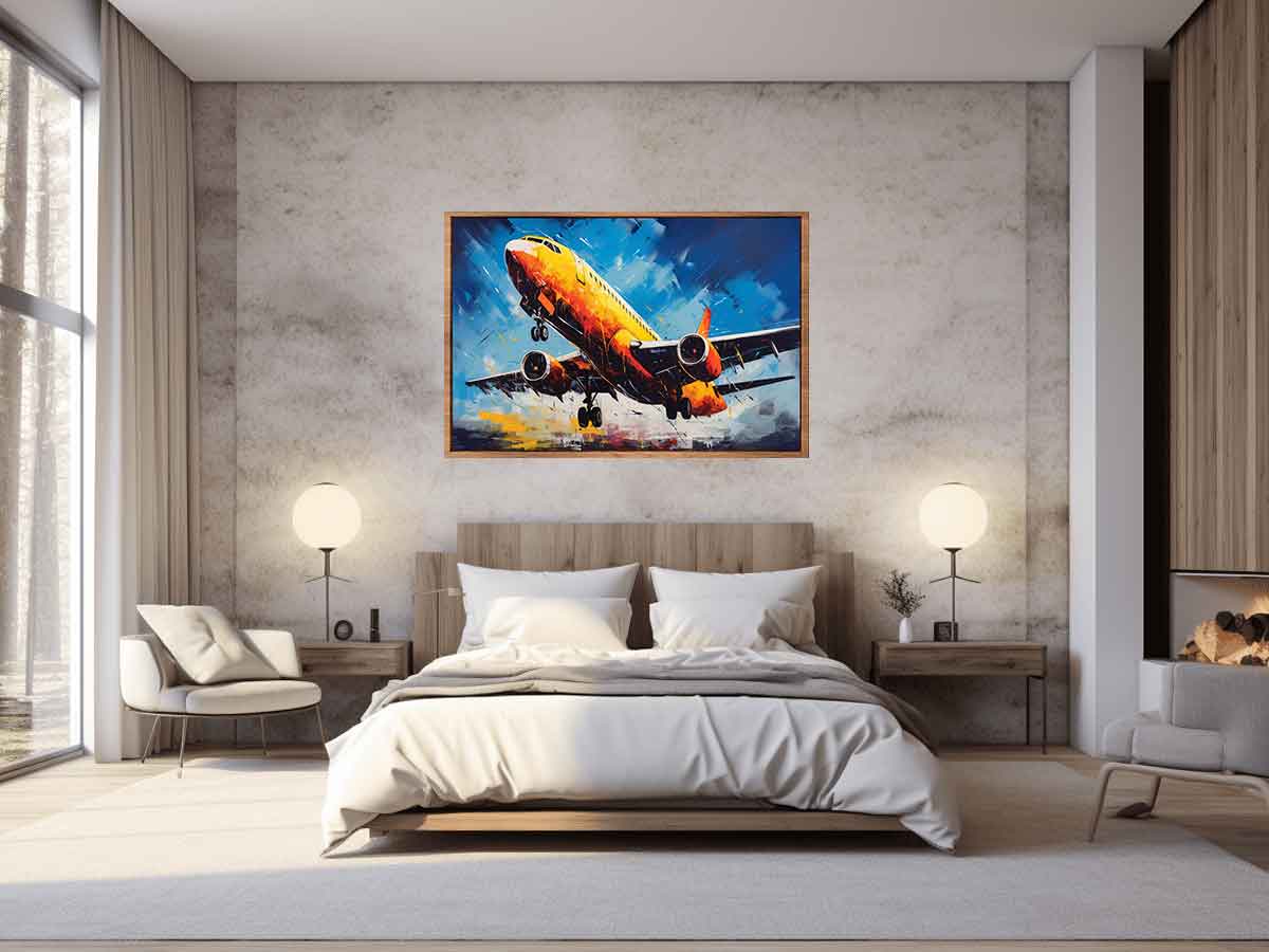 Bold yellow airplane canvas art for modern office or aviation room decor.