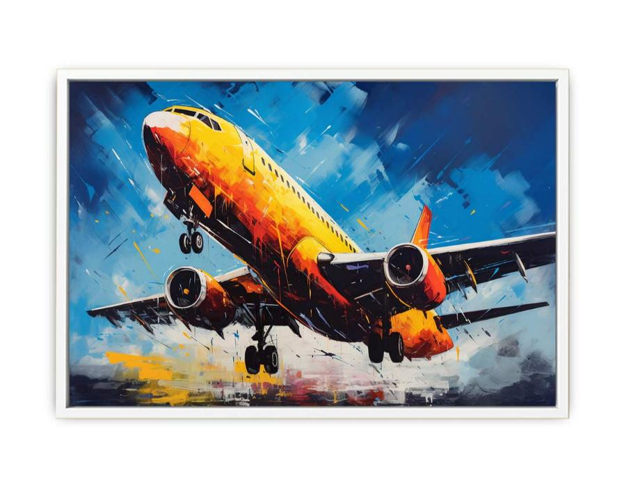 Bold yellow airplane canvas art for modern office or aviation room decor.