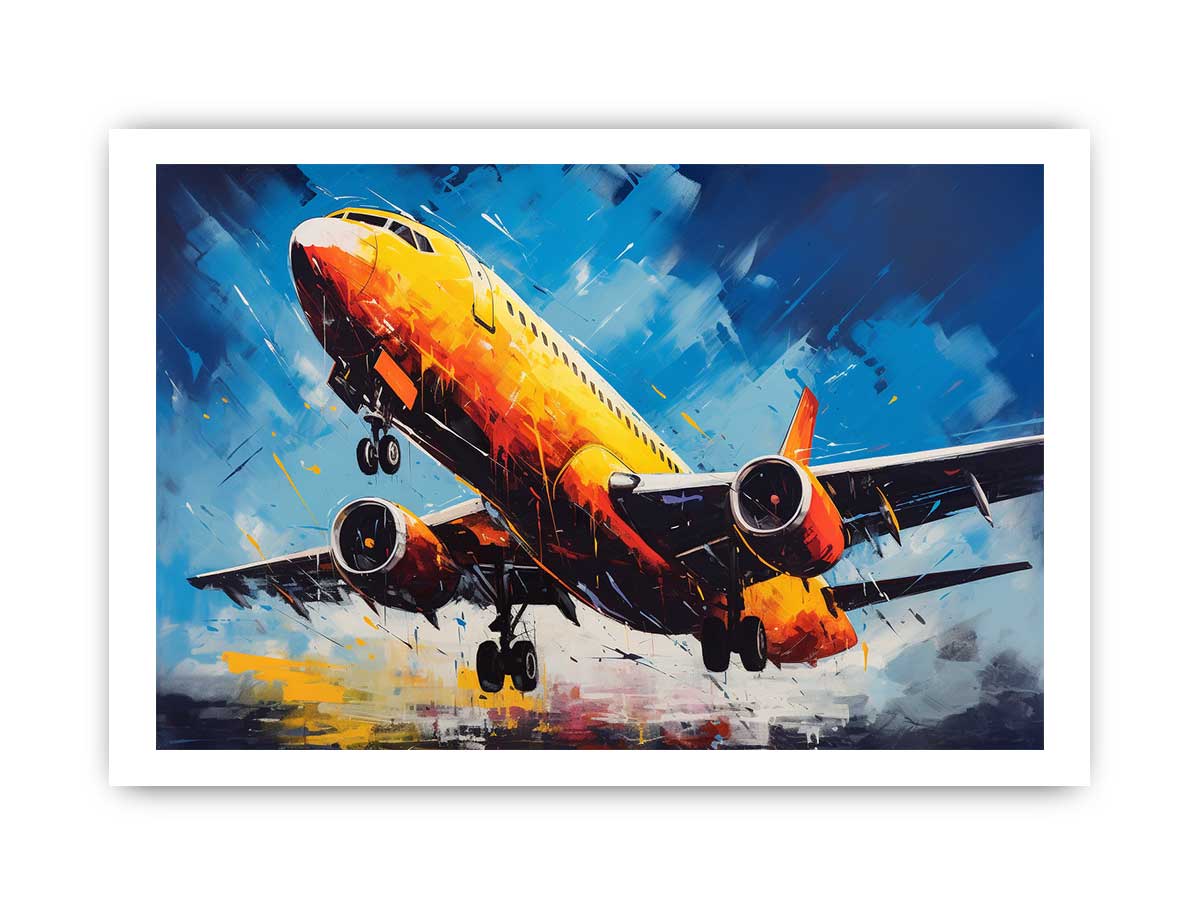 Bold yellow airplane canvas art for modern office or aviation room decor.