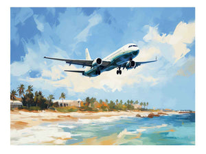 Passenger airplane over tropical beach canvas art for coastal home decor.