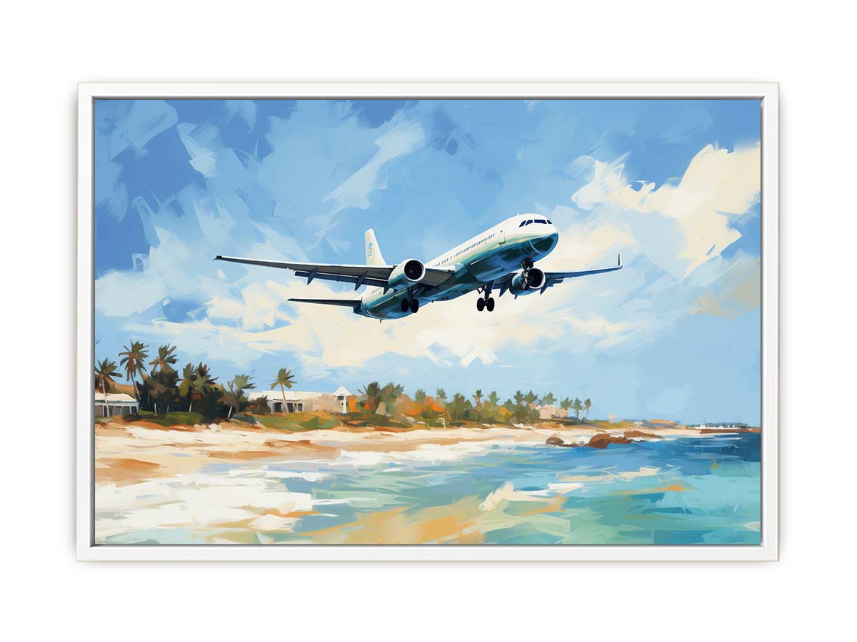 Passenger airplane over tropical beach canvas art for coastal home decor.