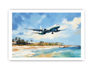 Passenger airplane over tropical beach canvas art for coastal home decor.