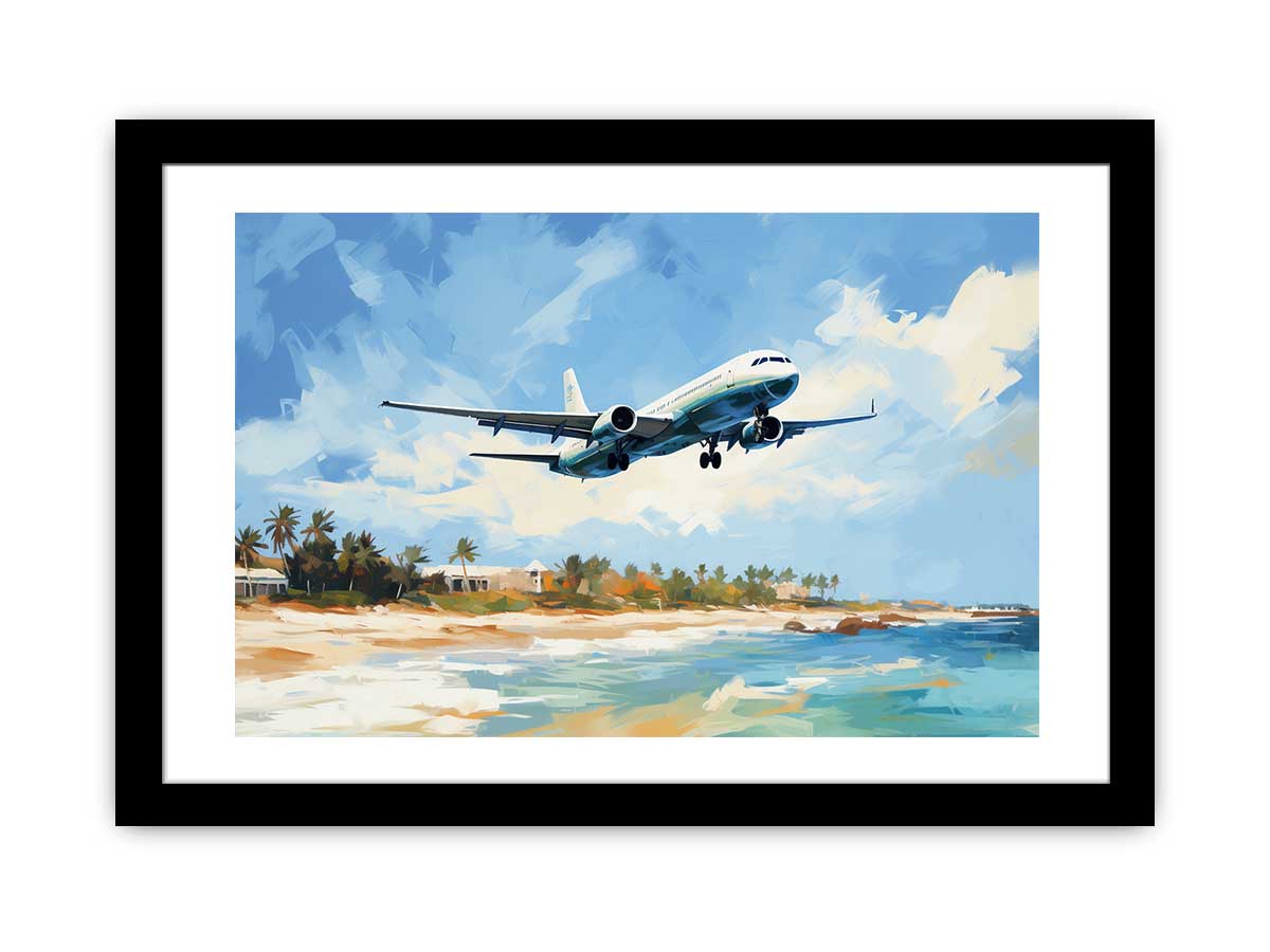 Passenger airplane over tropical beach canvas art for coastal home decor.
