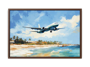 Passenger airplane over tropical beach canvas art for coastal home decor.