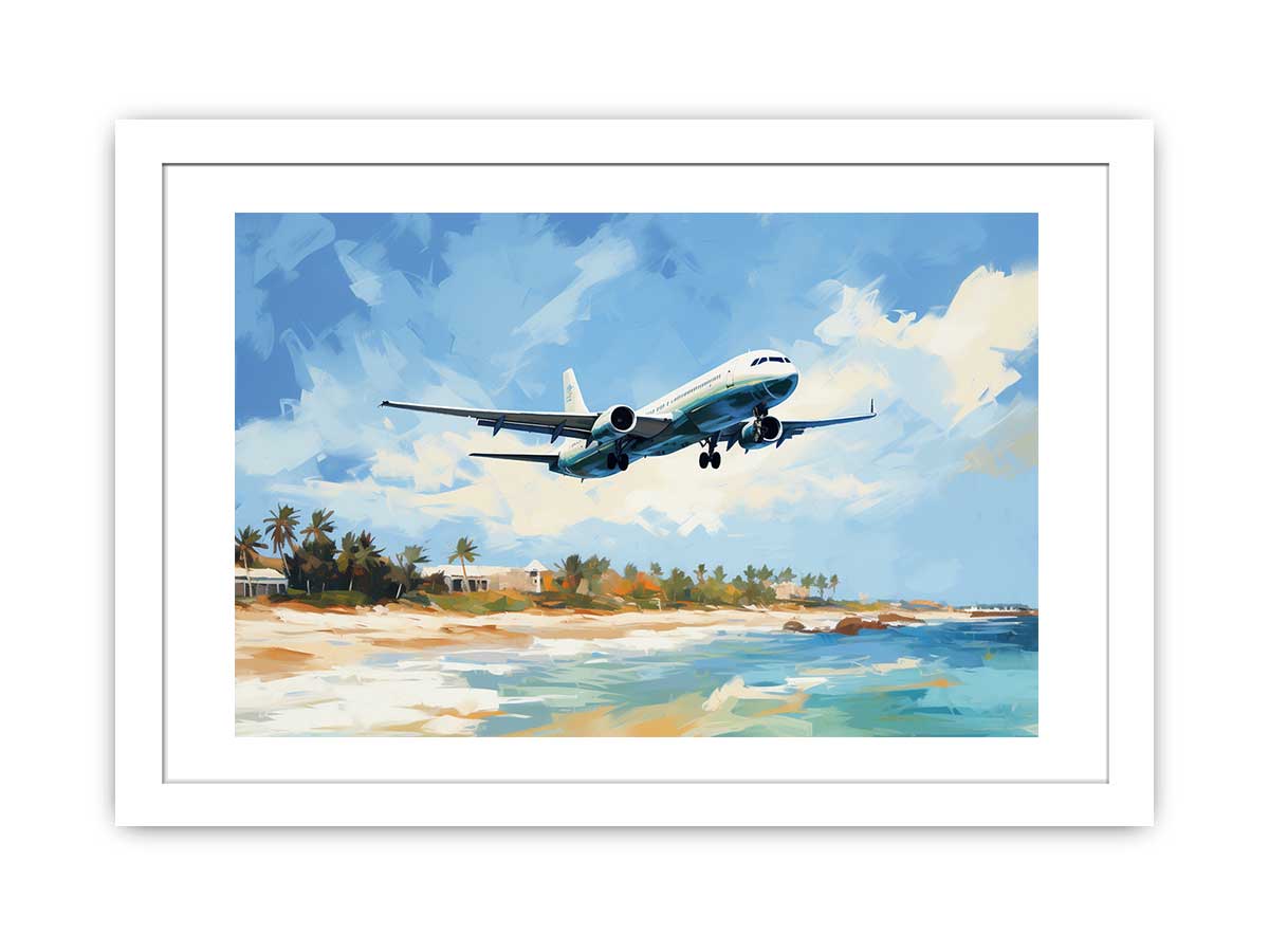 Passenger airplane over tropical beach canvas art for coastal home decor.
