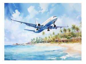 White airplane over turquoise beach canvas art for coastal room styling.