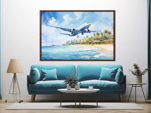 White airplane over turquoise beach canvas art for coastal room styling.