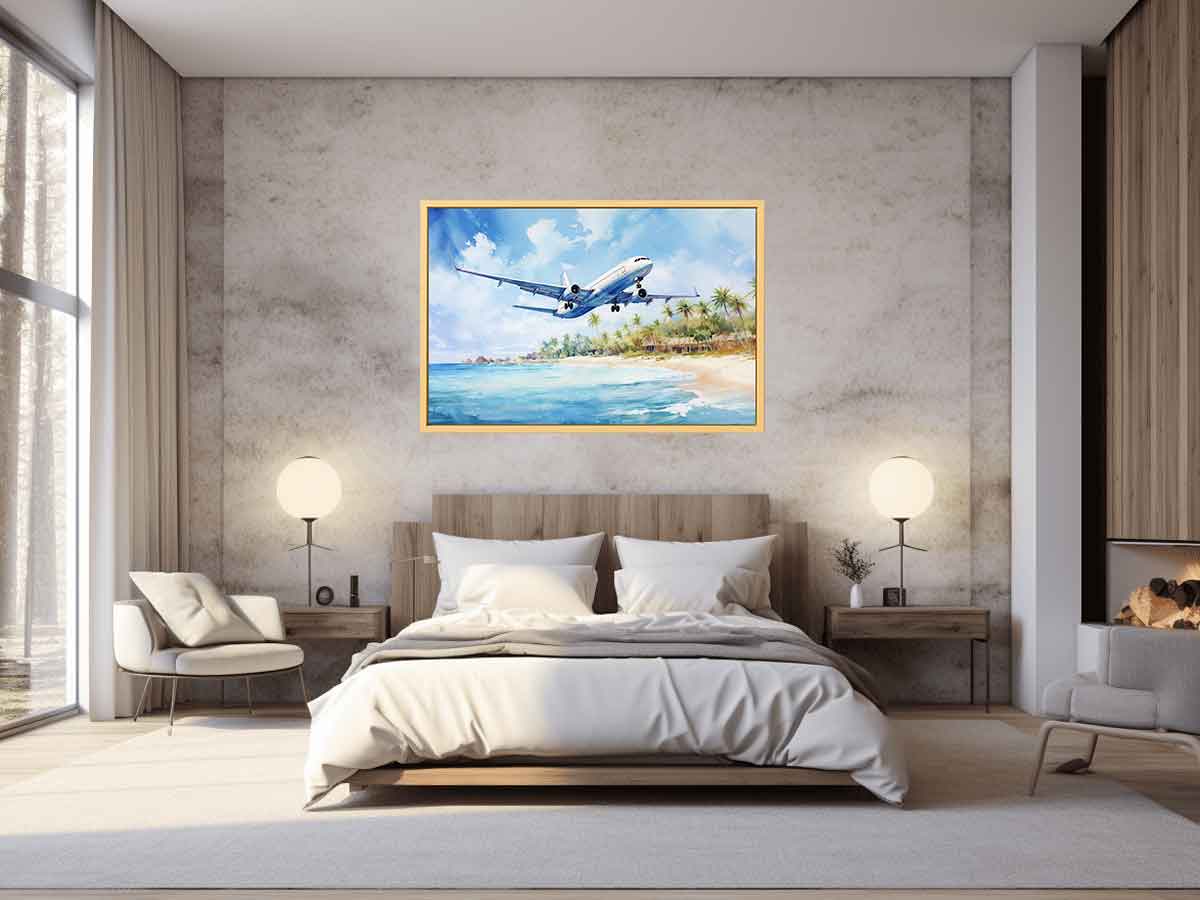 White airplane over turquoise beach canvas art for coastal room styling.