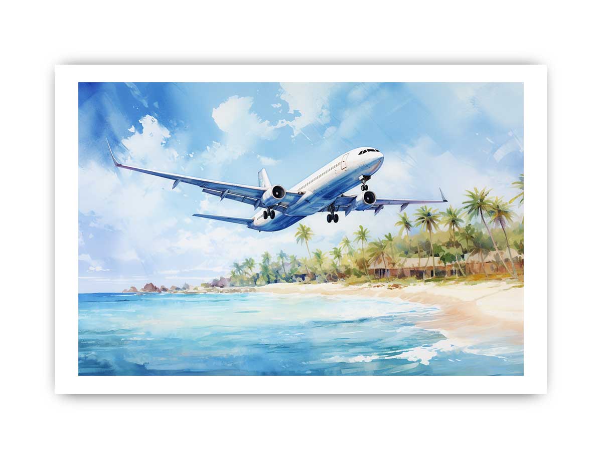 White airplane over turquoise beach canvas art for coastal room styling.